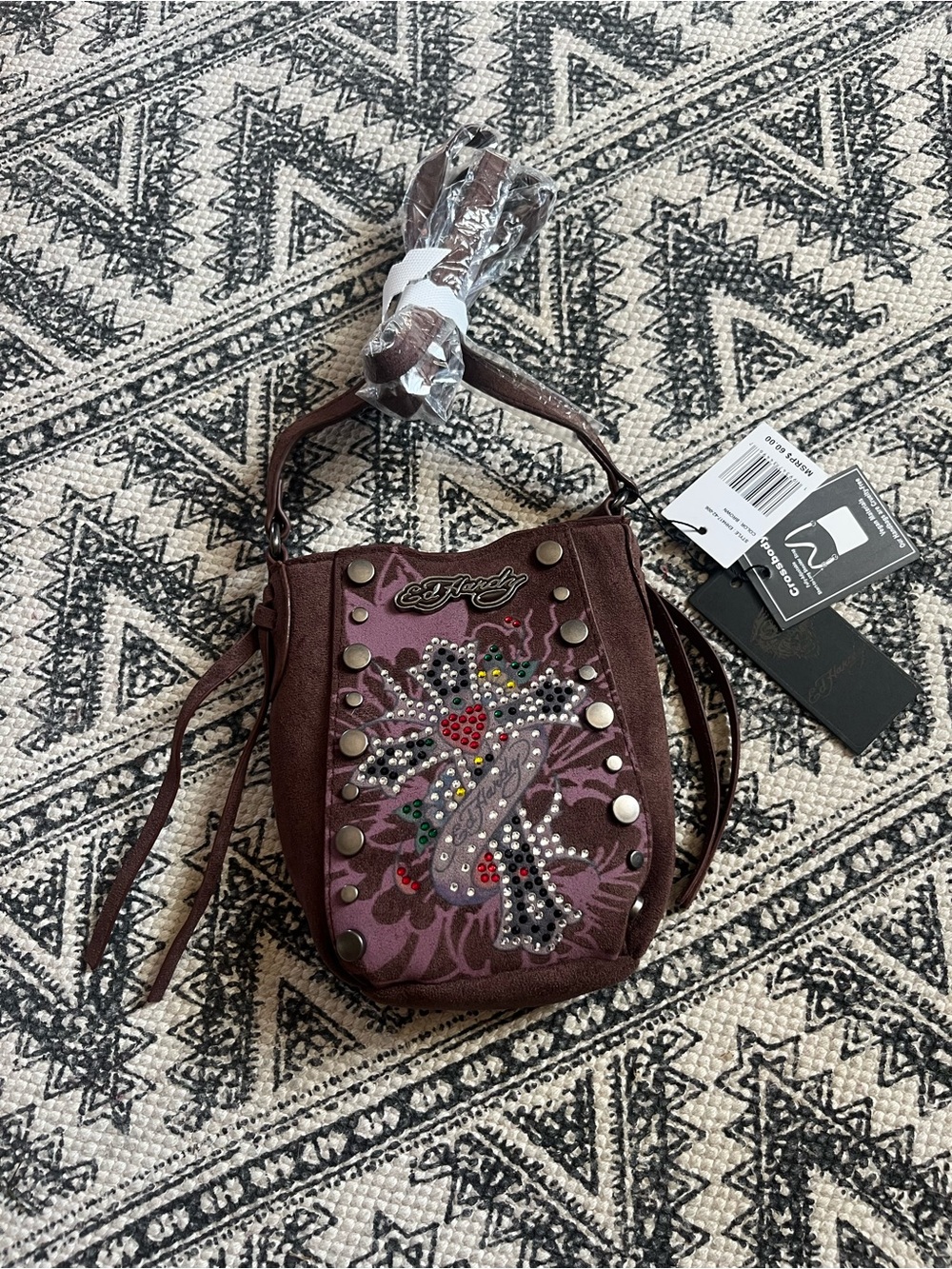 Ed Hardy Maroon Studded Crossbody Bag with Embellished Tattoo Motif